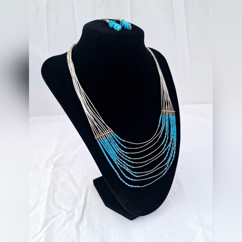 Vintage Heishi Liquid Silver & Beaded Necklace And Dangle Earring Set